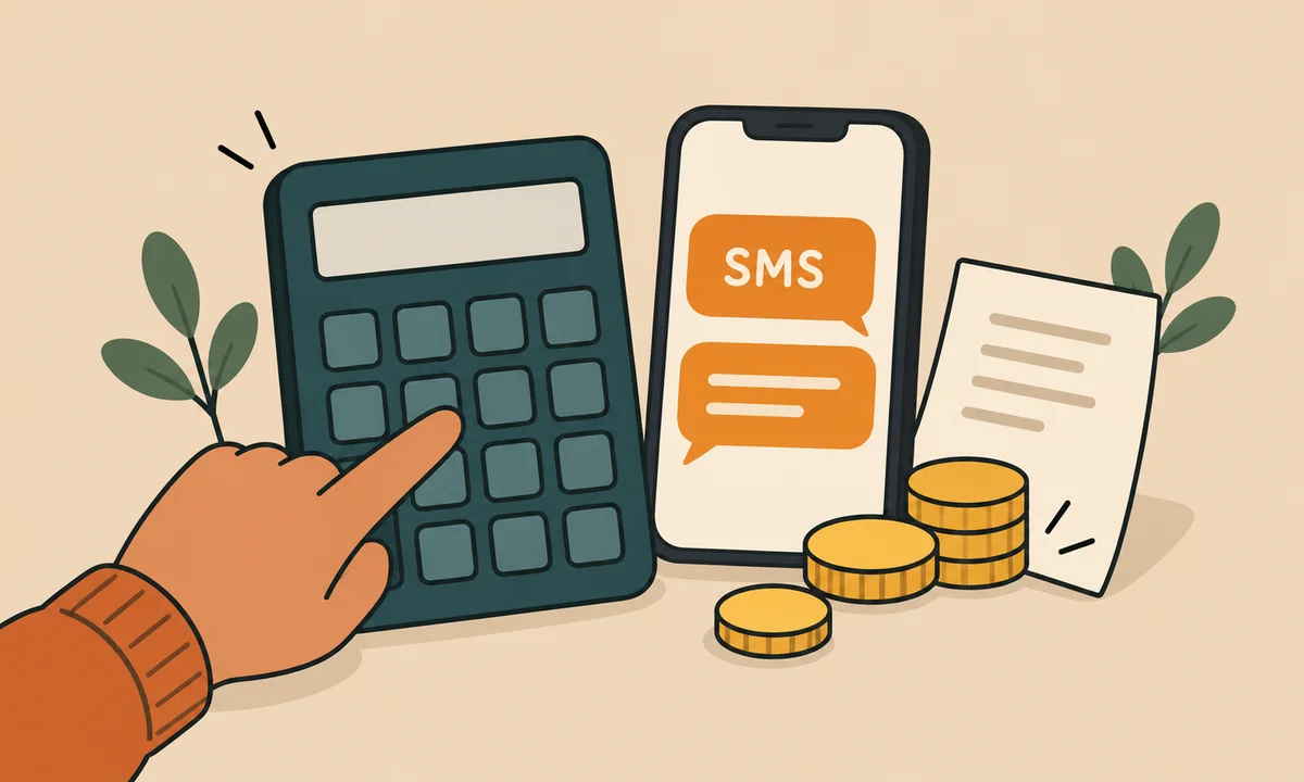 Kalkulator, telefon i monety symbolizujące koszt kampanii SMS